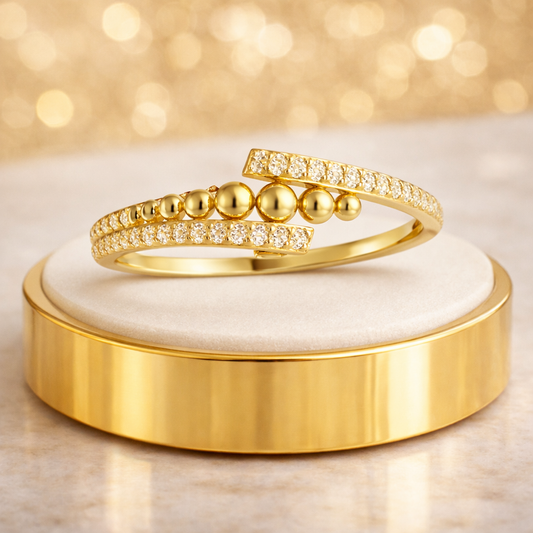 10K Gold Bypass Ring with Beaded Detail and Pavé Cubic Zirconia - Size 8.5