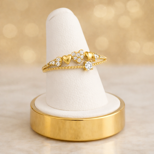 10K Gold Double Band Heart Ring with Solitaire Accent - Size 7.5
