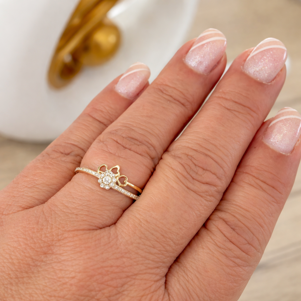 10K Gold Bypass Ring with Heart Bow and Flower Cluster - Size 8.5