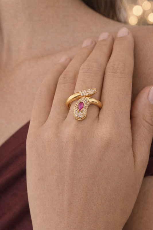 14K Gold Snake Ring with Ruby and Pavé Cubic Zirconia - Size 9