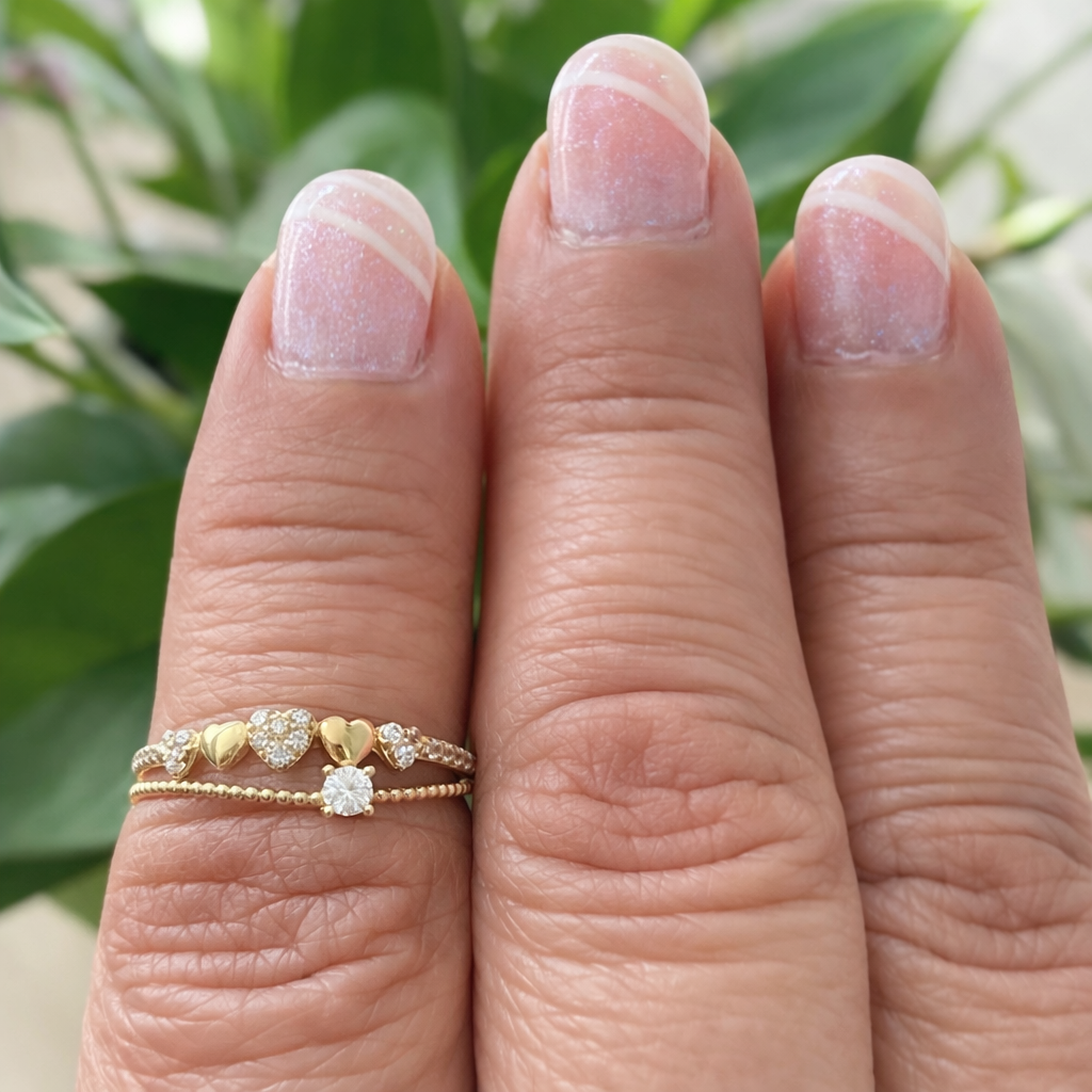 10K Gold Double Band Heart Ring with Solitaire Accent - Size 7.5