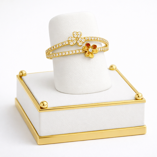 10K Gold Double Flower Bypass Ring with Red Enamel and Pavé Cubic Zirconia - Size 7.5