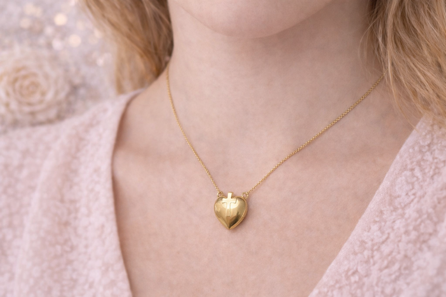 14K Gold Heart with Cross Pendant Necklace for Women