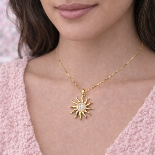 14K Gold Sun Pendant + Necklace