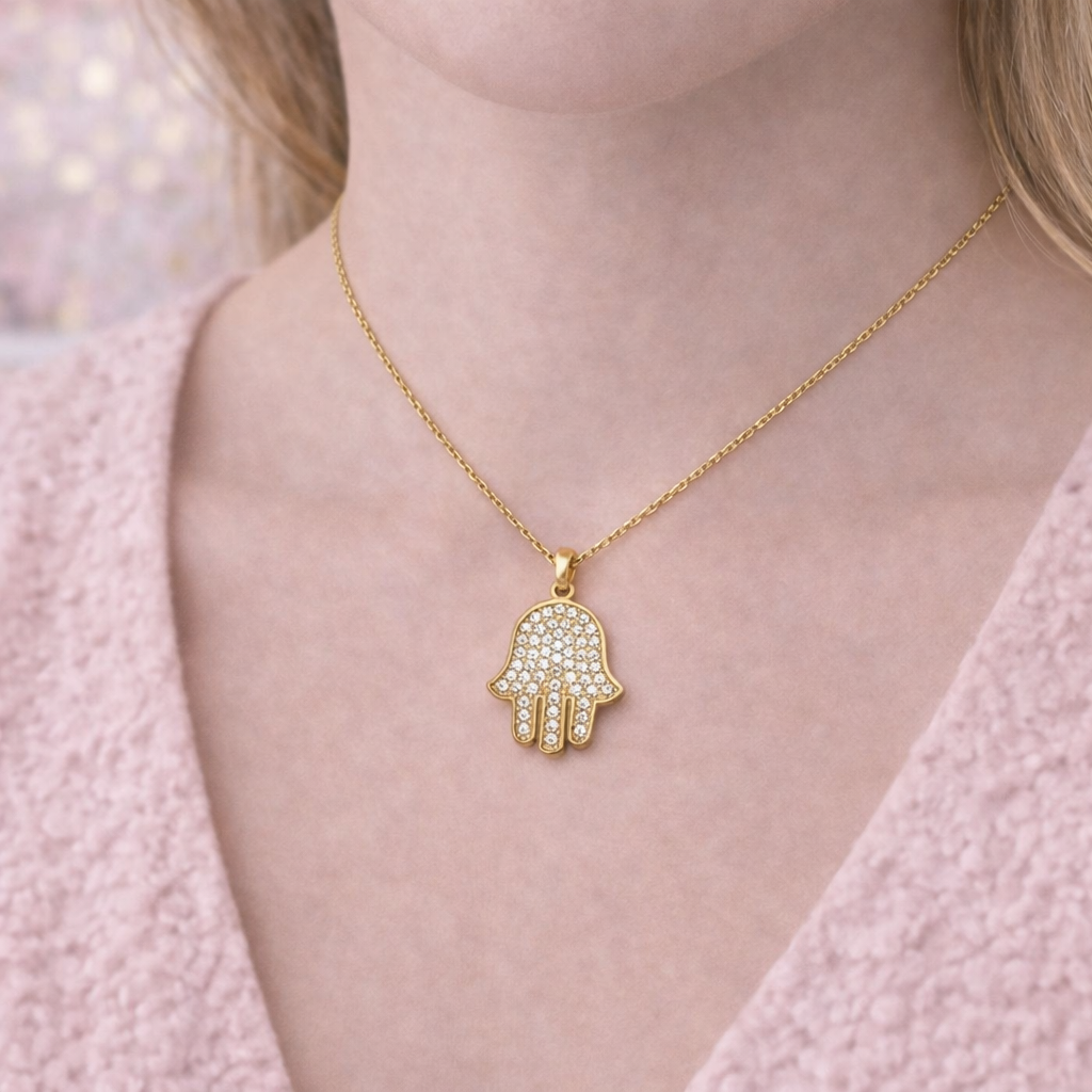14K Gold Hamsa Hand Pendant Necklace with Zirconia for Women