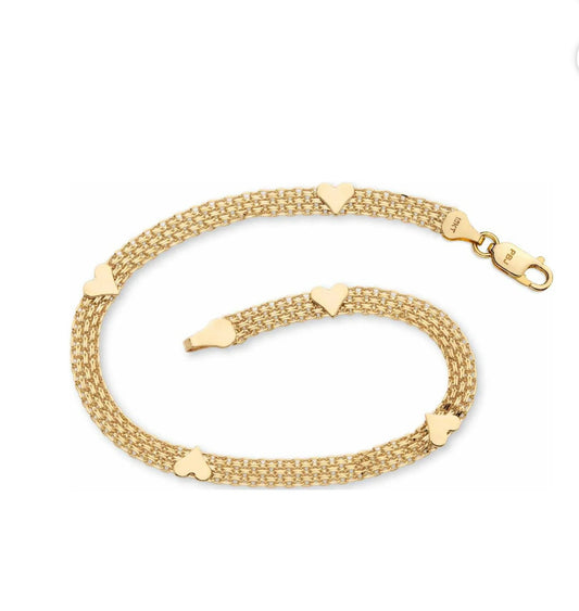 Collar de cadena Bismarck de oro de 14 k con corazones dorados (45 cm)