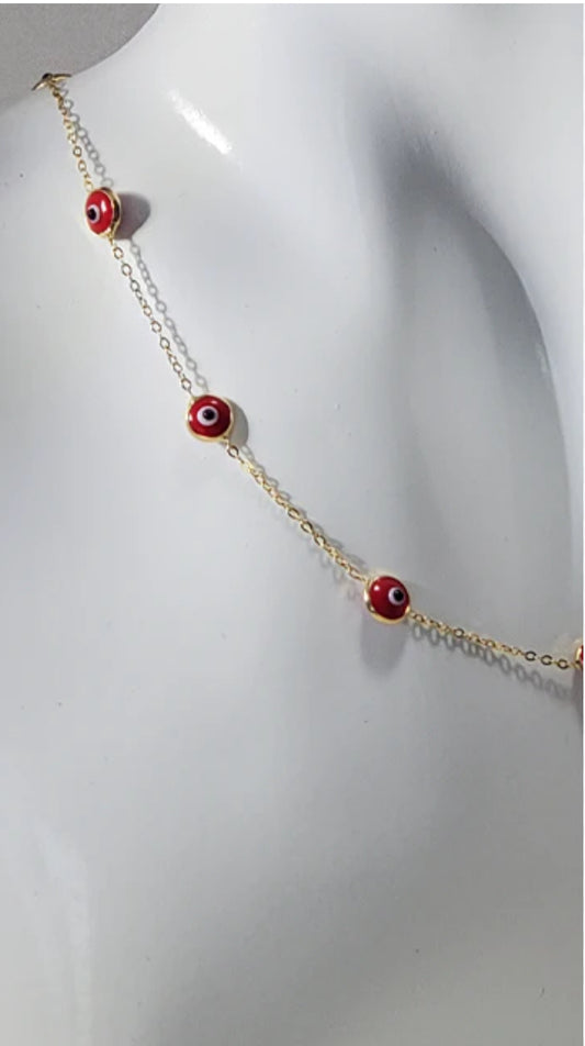 Cadena de oro de 14 k con cuentas rojas de ojo turco - 18 pulgadas