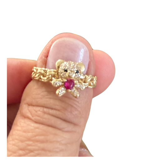 Anillo de oso de peluche de oro de 10 quilates, talla 7 1/2 para mujer