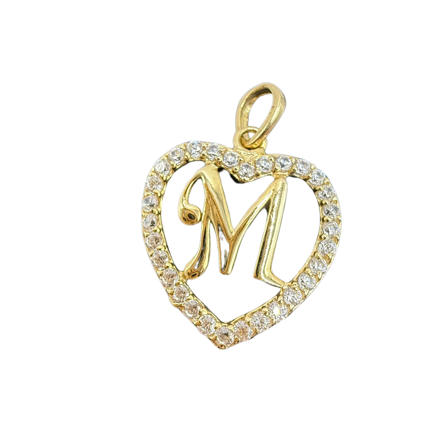 10k gold initial M pendant with a zirconia heart for women