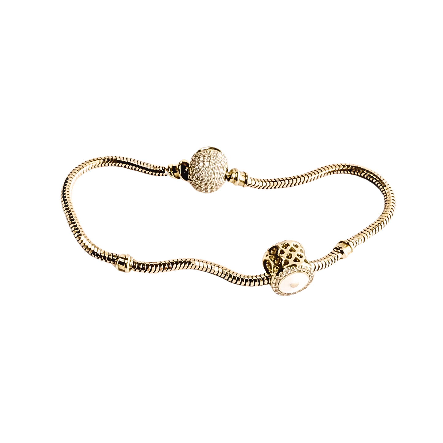 10k gold charms with mother-of-pearl, zirconia, and a woman's heart