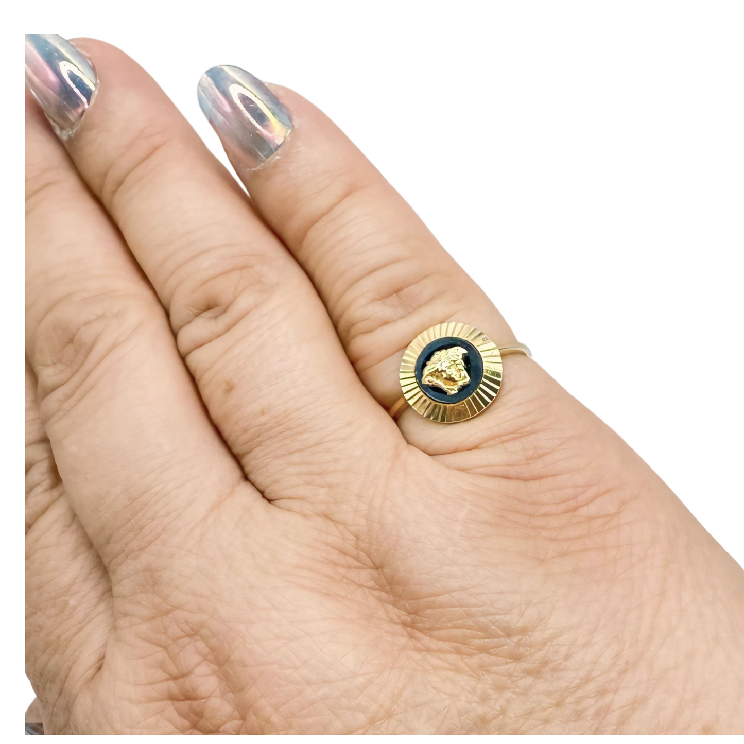 Versace 10k gold ring adorned with onyx stone size 7 for women
