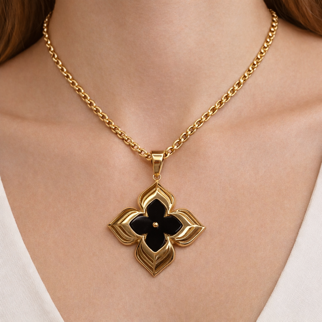 14K Gold Dark Flower Pendant