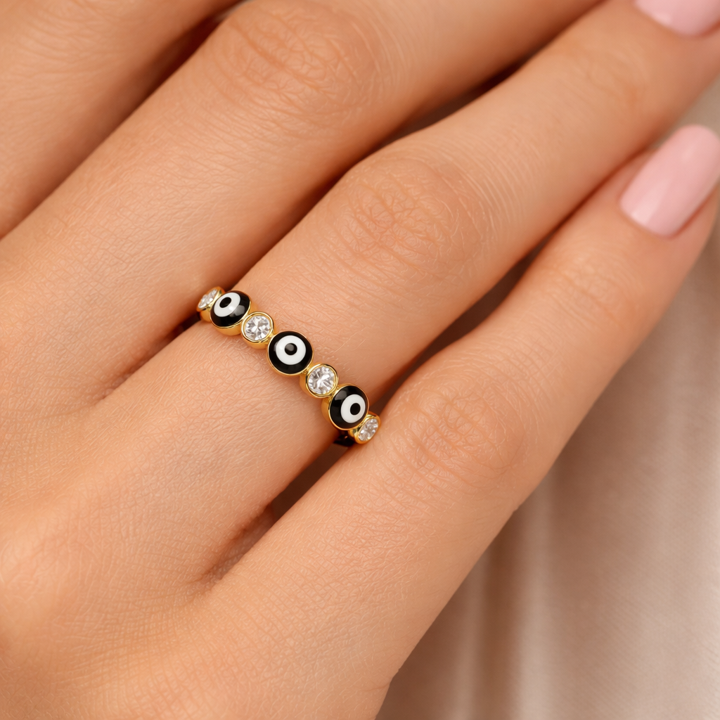 14K Gold Turkish Evil Eye Ring with Enamel and Cubic Zirconia - Size 8