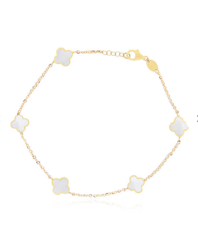 10k Gold Clovers Bracelet with 5 White Flowers, Size 8 for Women