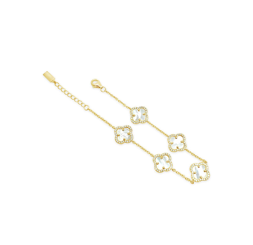 10k Gold Clovers Bracelet with 5 White Flowers, Size 8 for Women