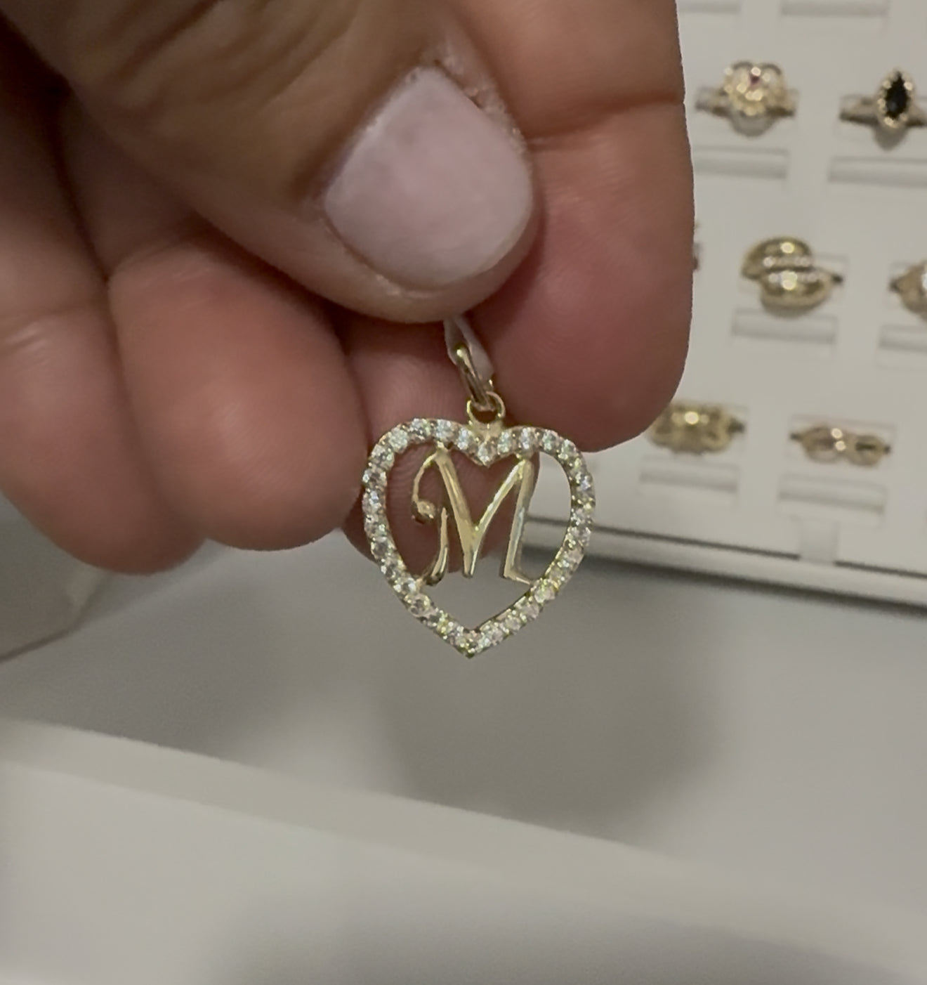 10k gold initial M pendant with a zirconia heart for women