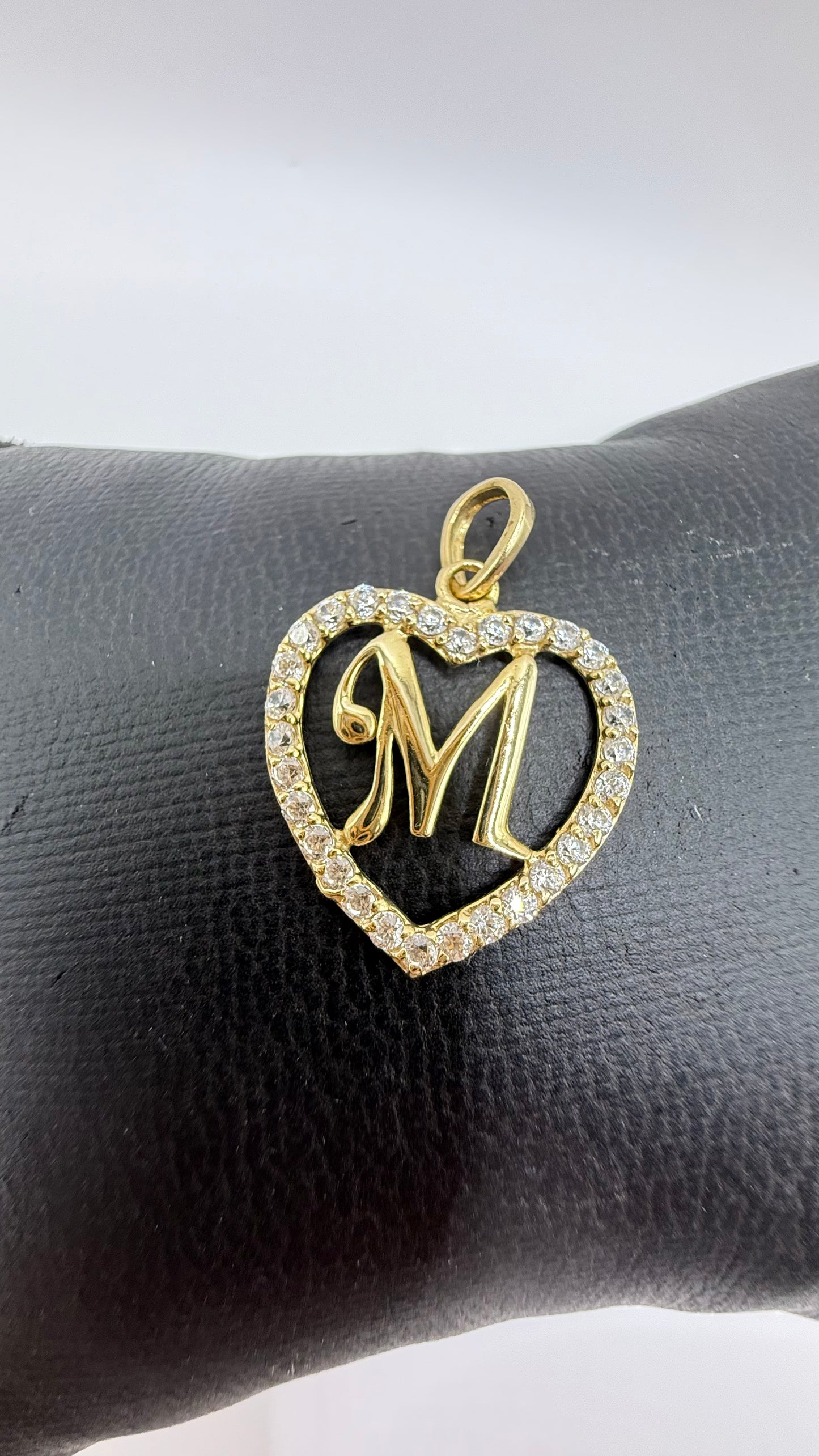 10k gold initial M pendant with a zirconia heart for women
