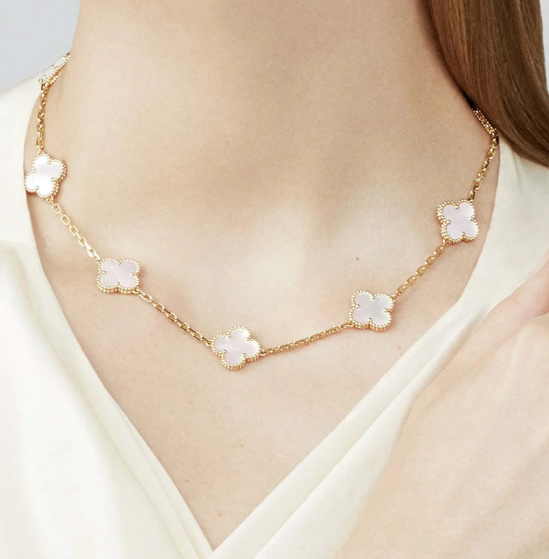 10k gold Clover necklaces with 10 medium flowers in white, size 18