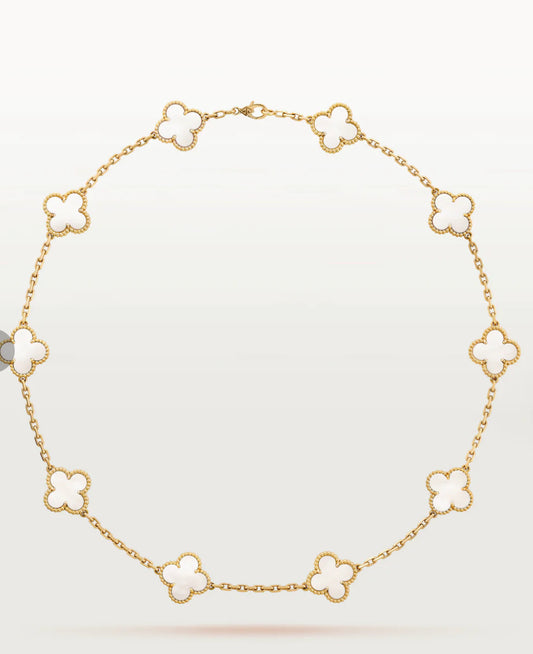 Collares de Trébol en oro de 10k con 10 flores medianas en color blanco, talla 18