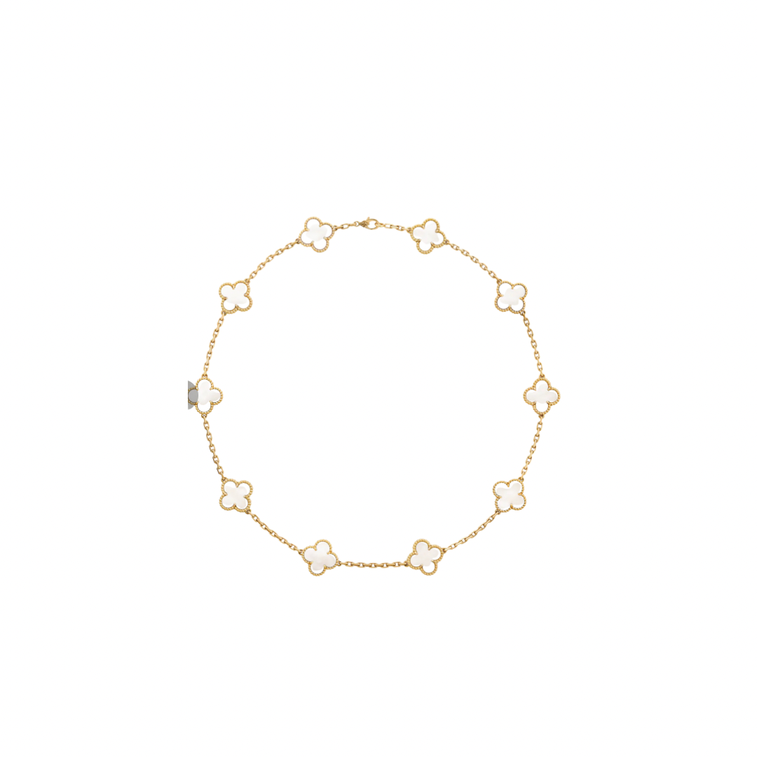 10k gold Clover necklaces with 10 medium flowers in white, size 18