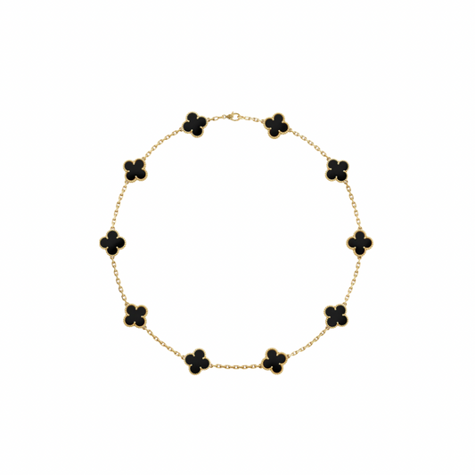 Collar de trébol de oro de 10 quilates con 10 flores oscuras, talla de mujer de 18 mm