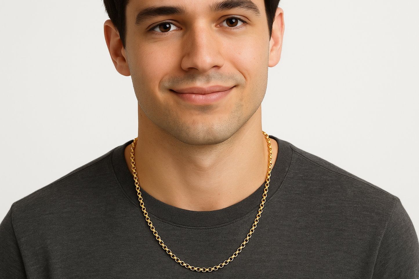 CREA UNA IMAGEN DE UNA CADENA ESTILO ROLO SISE 20 DE 2.5 MM DE ORO 14K, QUE LA TENGA PUESTA UN MUCHACHO