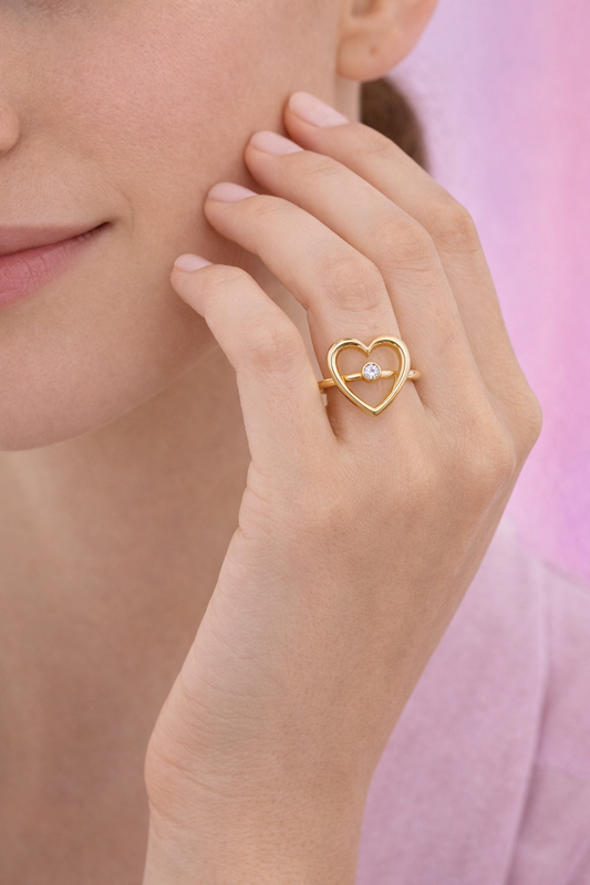 Anillo de oro de 14 k con corazón grande y piedra central, talla 7 para mujer