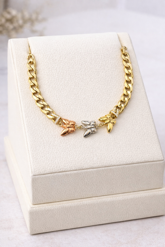 Pulsera de oro de 14 quilates con tres mariposas tricolores para mujer de 7 1/2 pulgadas
