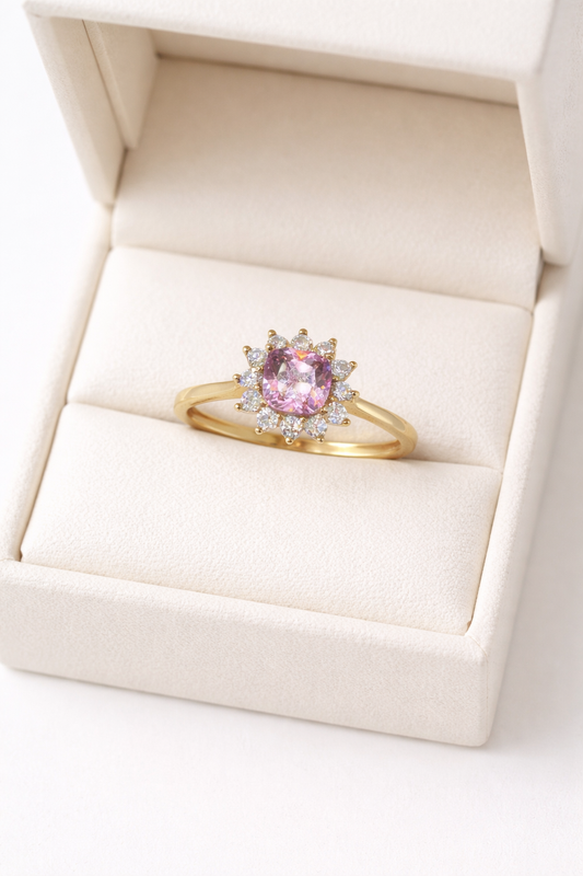 Anillo de oro de 10k con piedra rosa y circonita cúbica, talla 6 3/4 para mujer