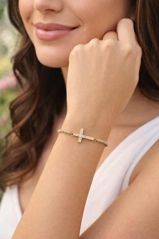 Pulsera de oro de 14 quilates con cuentas tricolores, cruz y circonitas cúbicas para mujer, 18 cm