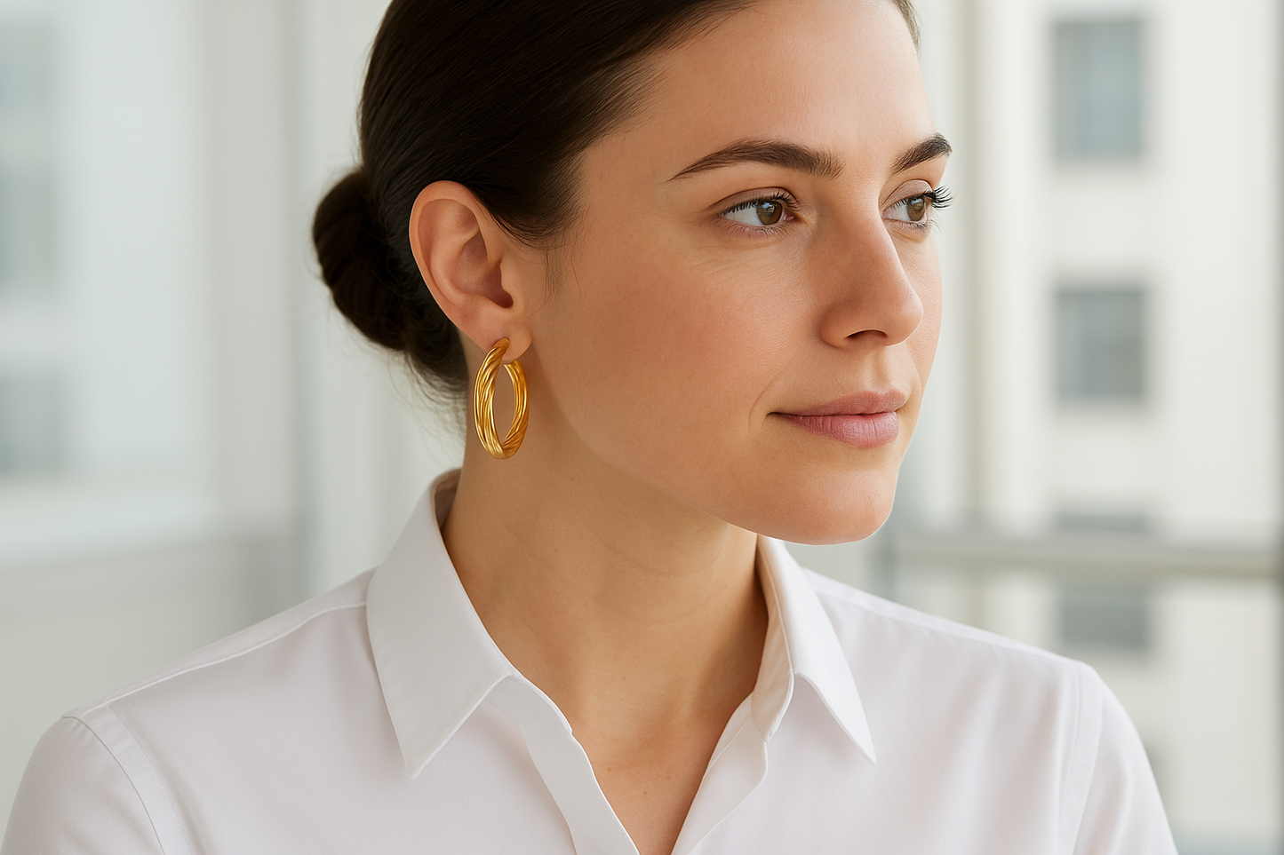 Professional woman wearing twisted gold hoop earrings