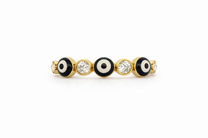 14K Gold Turkish Evil Eye Ring with Enamel and Cubic Zirconia - Size 8