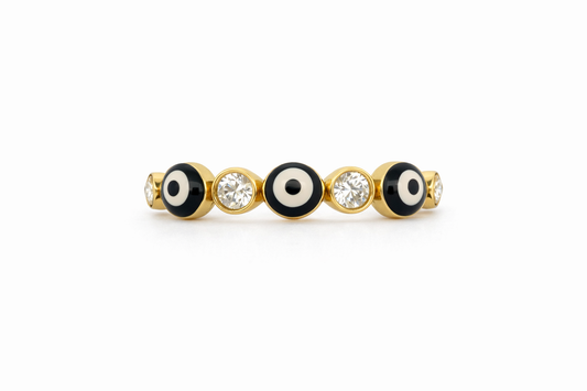 14K Gold Turkish Evil Eye Ring with Enamel and Cubic Zirconia - Size 8