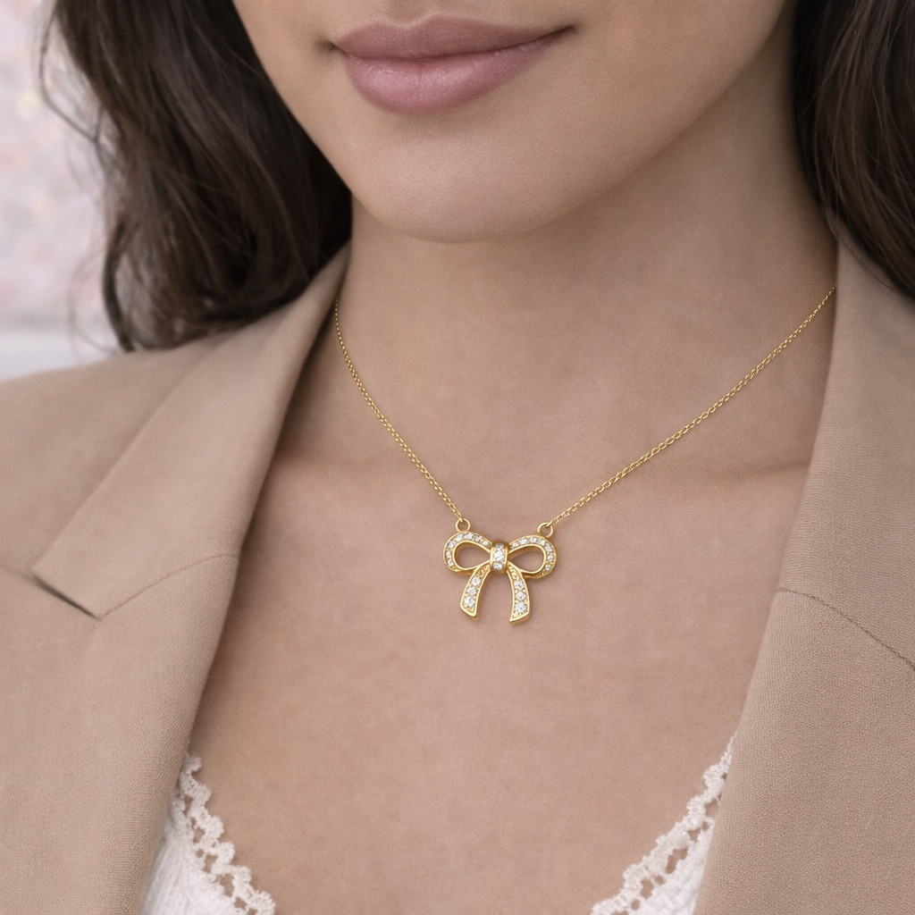 14K Gold Bow Pendant Necklace for Women