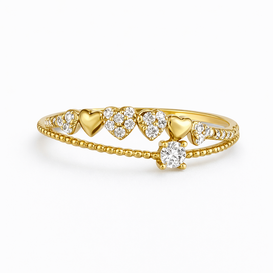 10K Gold Double Band Heart Ring with Solitaire Accent - Size 7.5