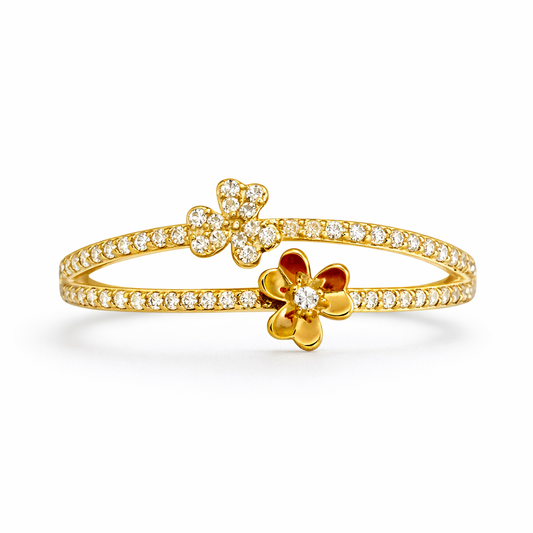 10K Gold Double Flower Bypass Ring with Red Enamel and Pavé Cubic Zirconia - Size 7.5