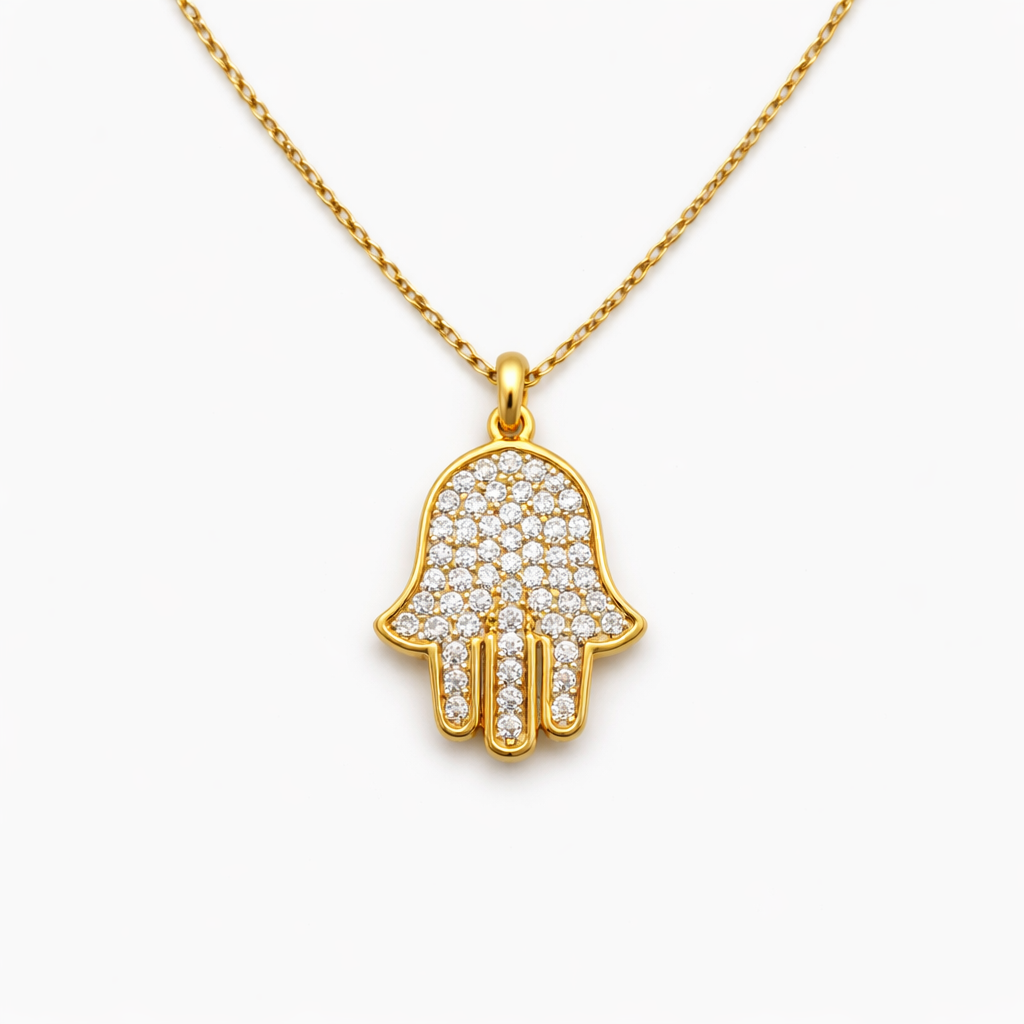 14K Gold Hamsa Hand Pendant Necklace with Zirconia for Women