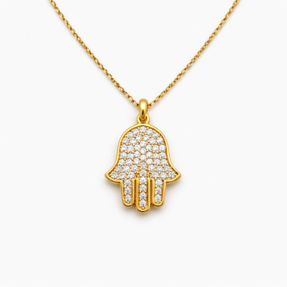 14K Gold Hamsa Hand Pendant Necklace with Zirconia for Women