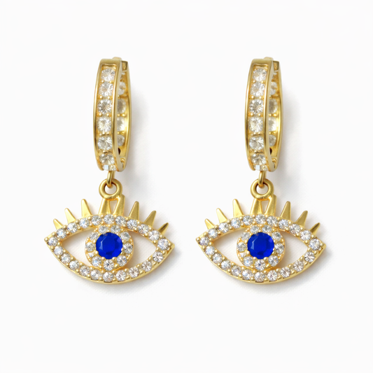 14K Gold Blue Turkish Evil Eye Earrings