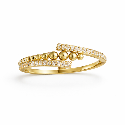 10K Gold Bypass Ring with Beaded Detail and Pavé Cubic Zirconia - Size 8.5