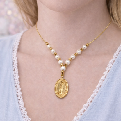 14K Gold Bead Chain with Pearls Necklace 16-18 Inch Adjustable