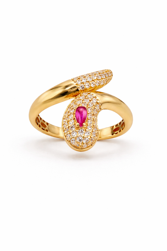 14K Gold Snake Ring with Ruby and Pavé Cubic Zirconia - Size 9