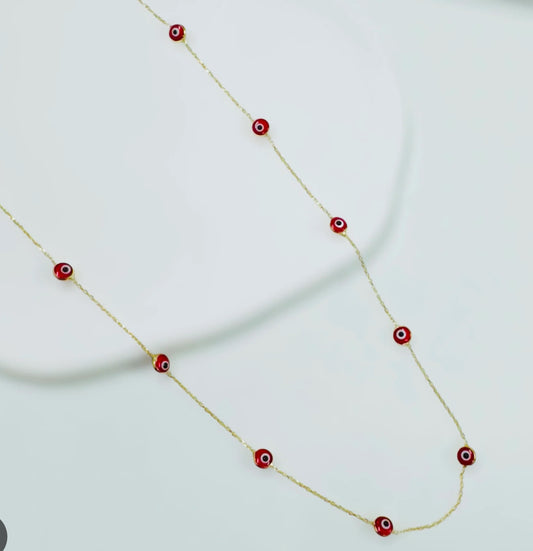 14k Gold Chain with Red Turkish Evil Eye Beads - 18 inches