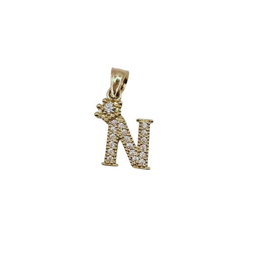 10k gold initial N pendant with zirconia and unisex crown
