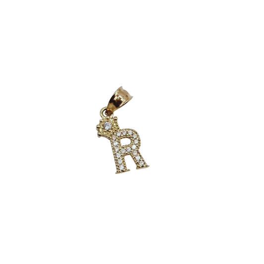10k gold letter R pendant with zirconia and unisex crown