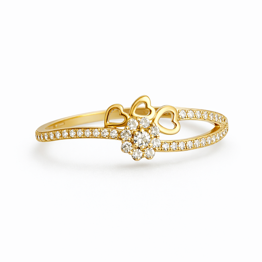 10K Gold Bypass Ring with Heart Bow and Flower Cluster - Size 8.5