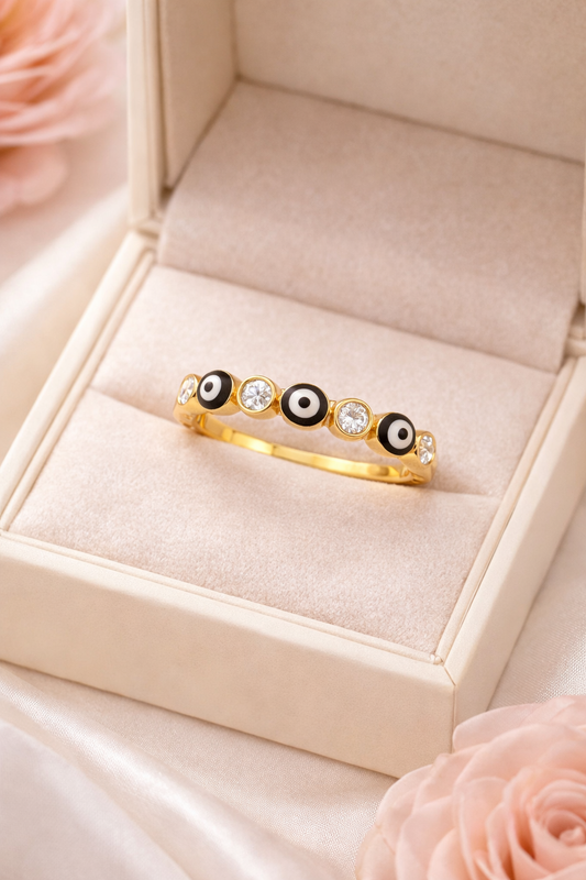 14K Gold Turkish Evil Eye Ring with Enamel and Cubic Zirconia - Size 8