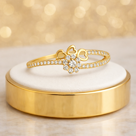 10K Gold Bypass Ring with Heart Bow and Flower Cluster - Size 8.5