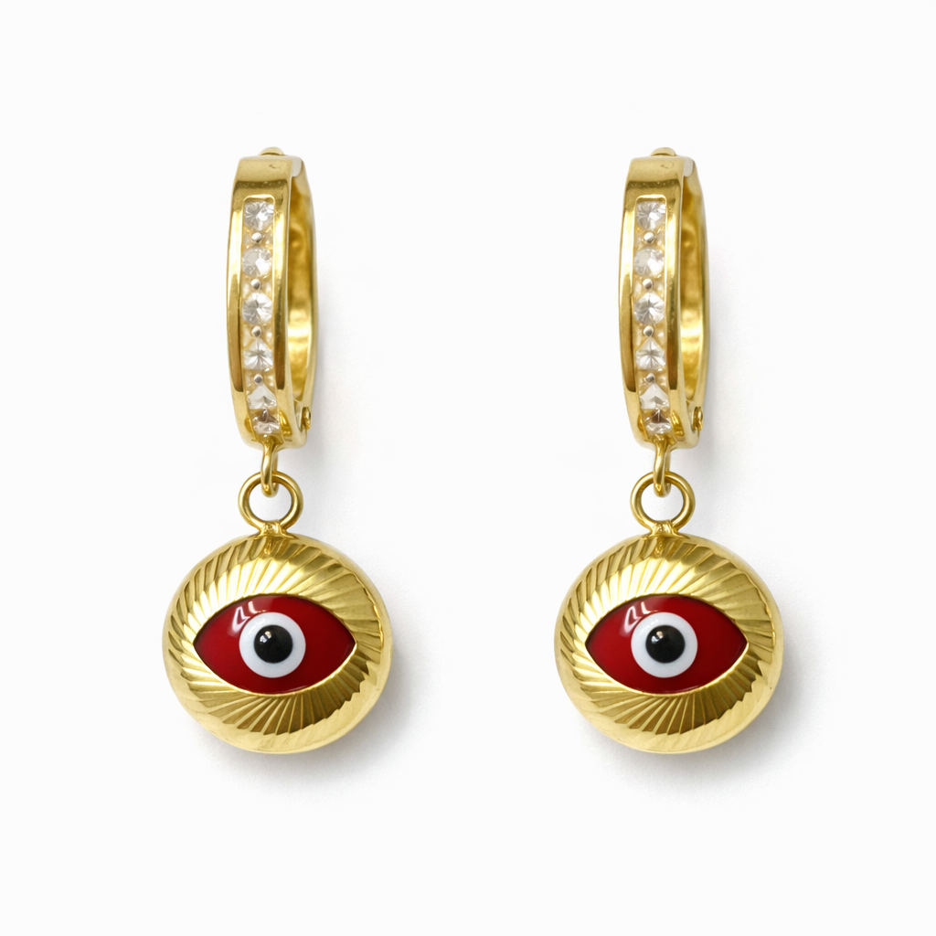 14K Gold Red Turkish Evil Eye Earrings