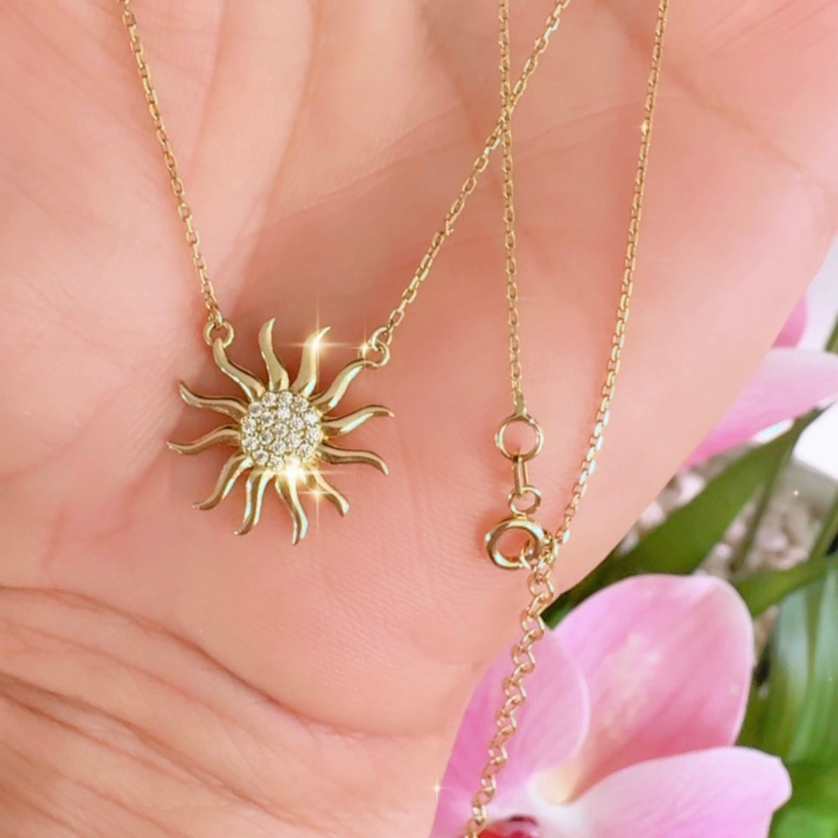 14K Gold Sun Pendant + Necklace